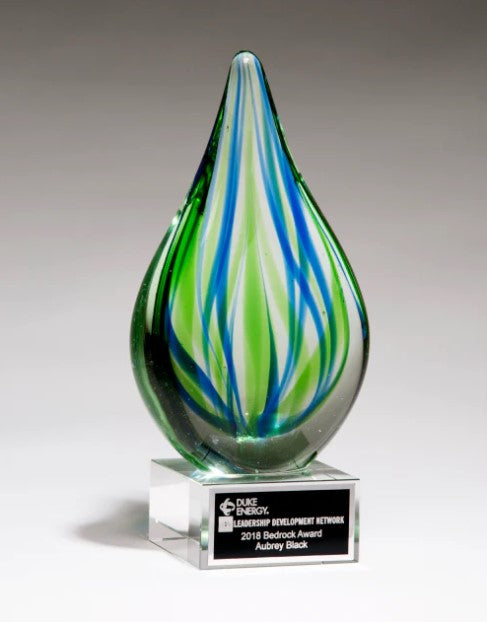 8" Blue and Green Teardrop Art Glass on Clear Glass Base with Black Laserable Aluminum Plate