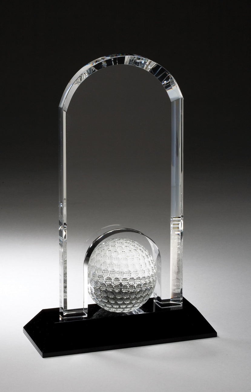 9 inch Clear Crystal Dome with Inset Golf Ball on Black Pedestal Base