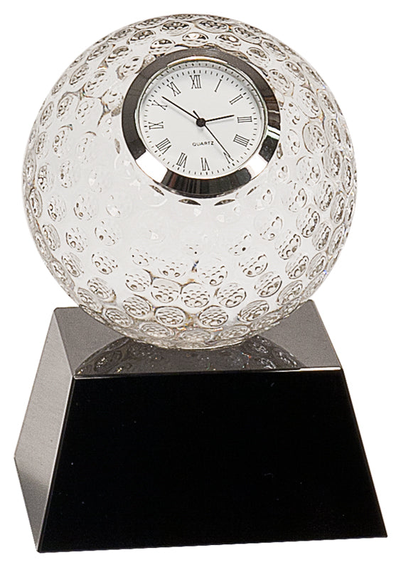 5 inch Clear Crystal Golf Ball Clock with Black Pedestal Base